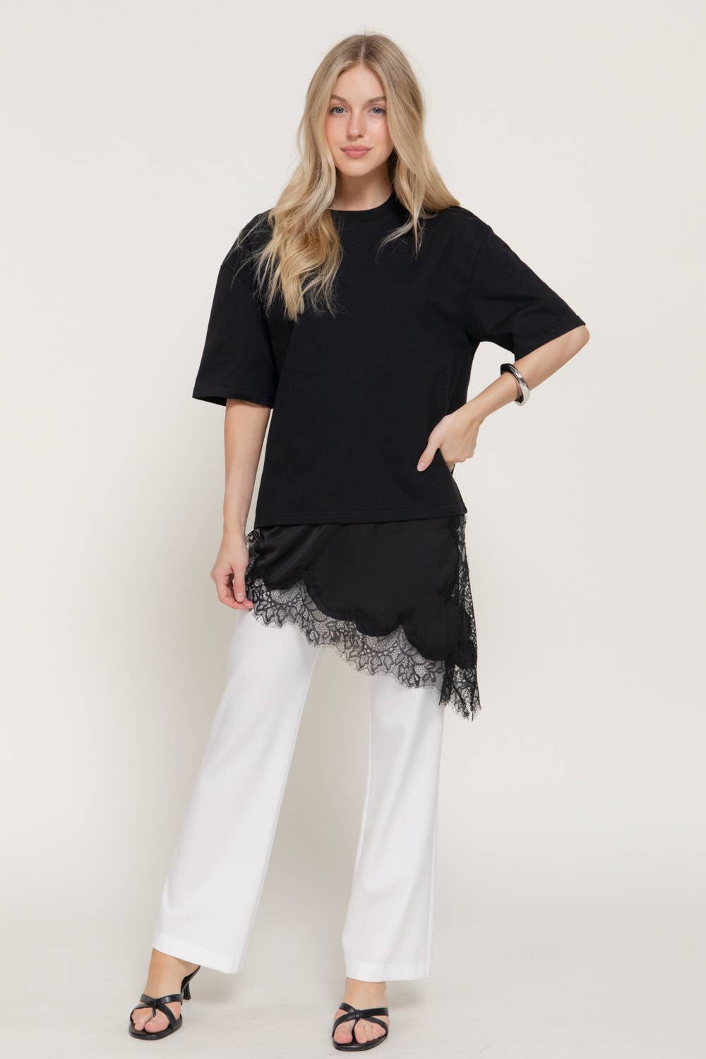 Short Sleeve Asymmetrical Hem with Tonal Lace Knit Top