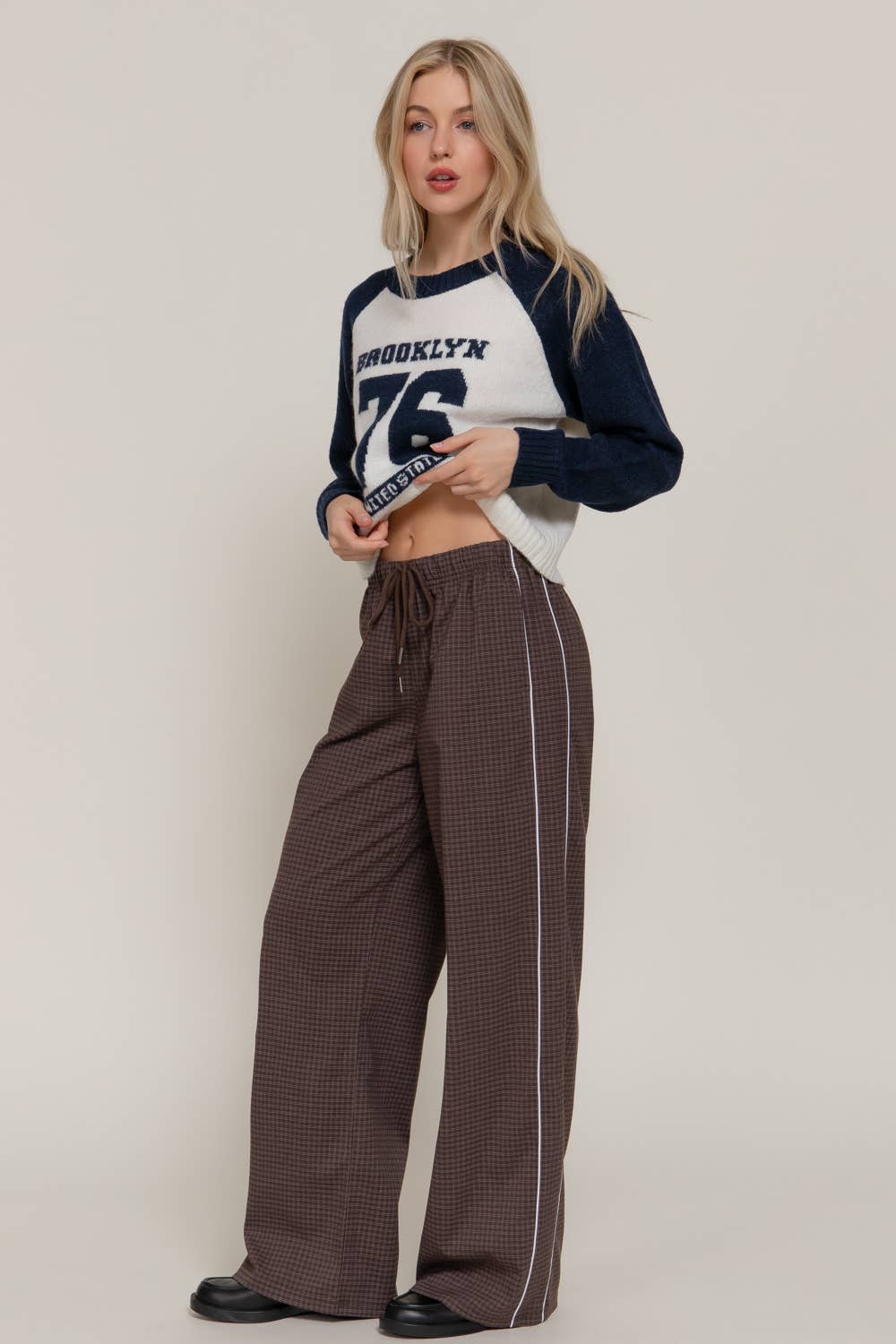 Waist Band with String Check Woven Long Pants