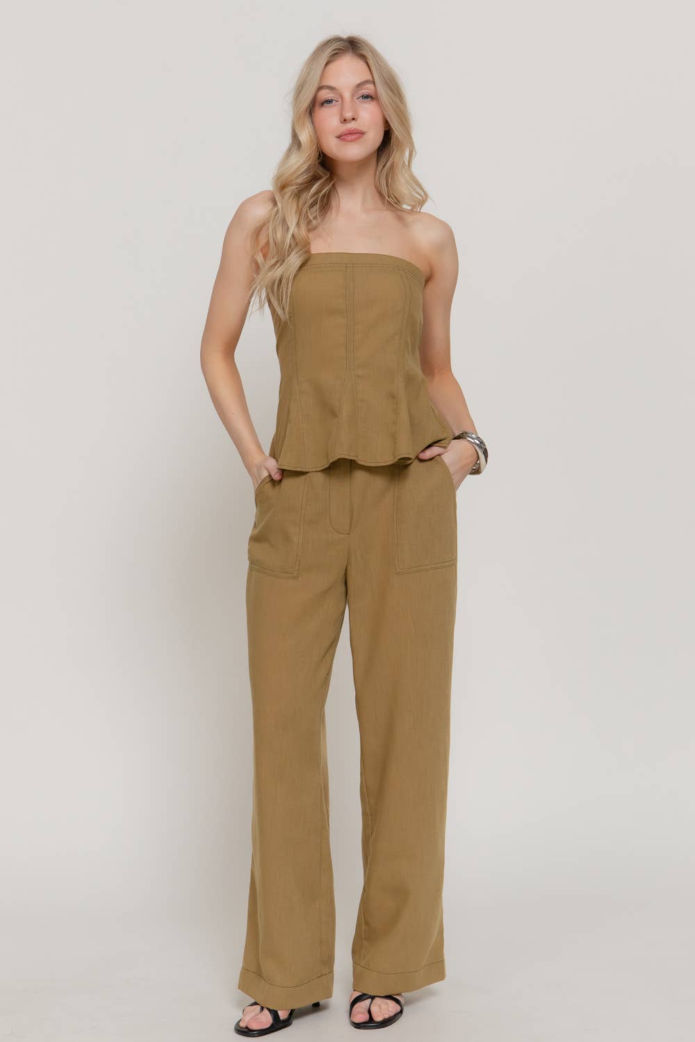 Straight Leg Linen Effect Long Pants