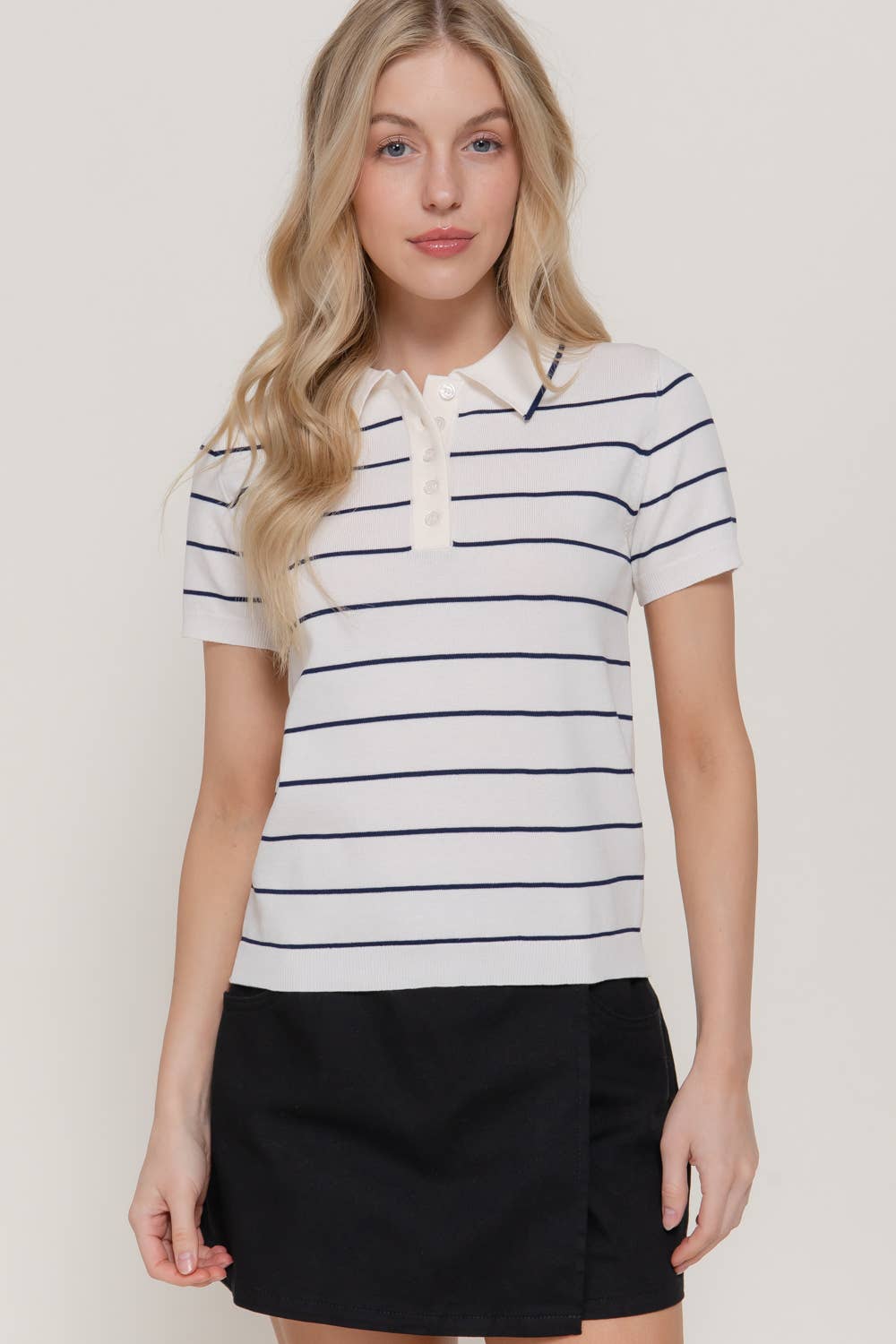 White Navy Striped Polo Knit Top