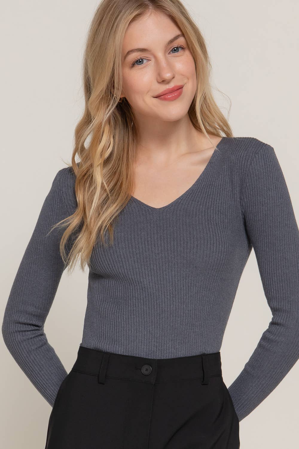 V Neck Rib Sweater Top