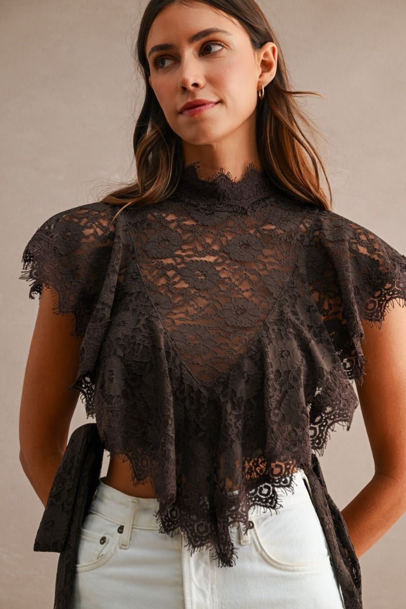 Mocha Lace Ruffle Top