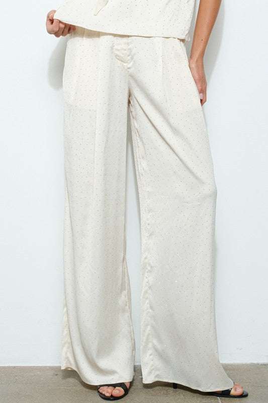 Satin Rhinestones Wide Leg Pants
