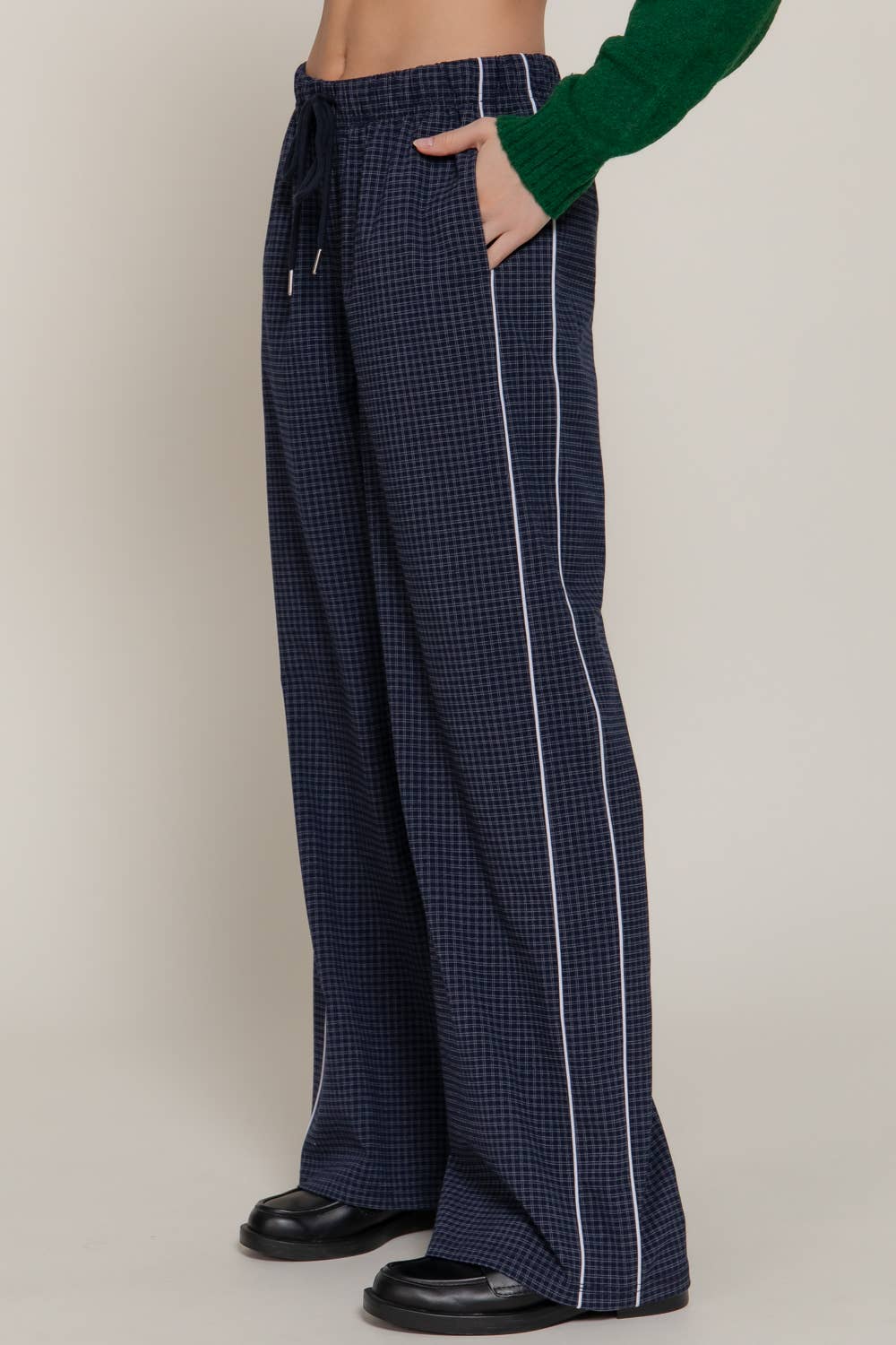 Waist Band with String Check Woven Long Pants
