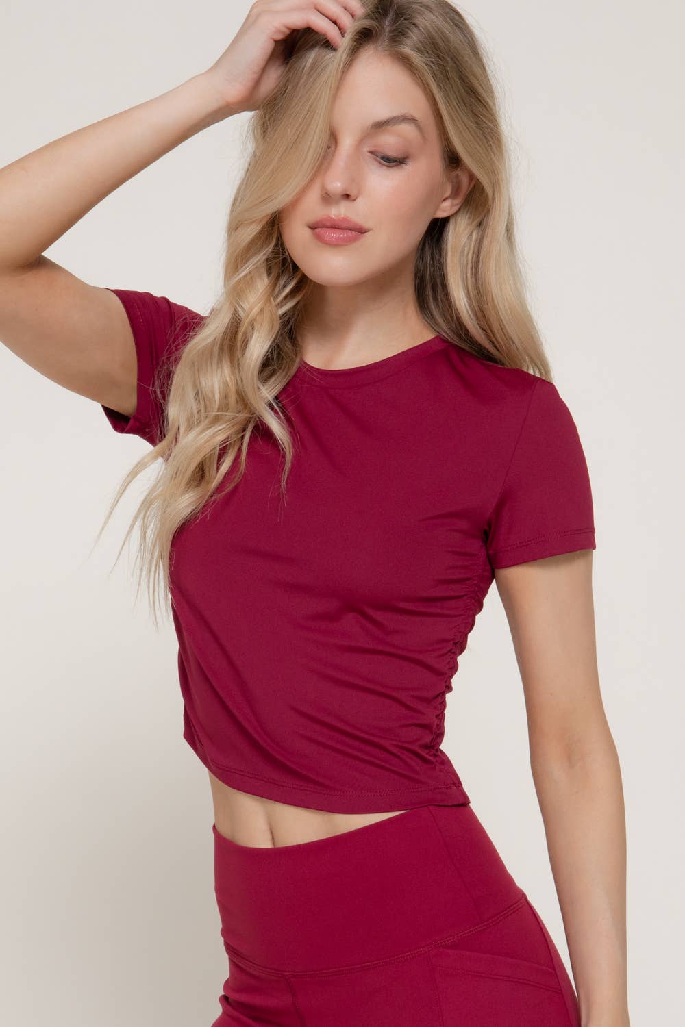 Short Sleeve Crew Neck Side Ruched Activewear Top