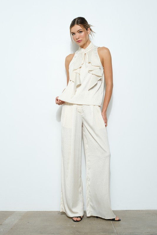 Satin Rhinestones Wide Leg Pants