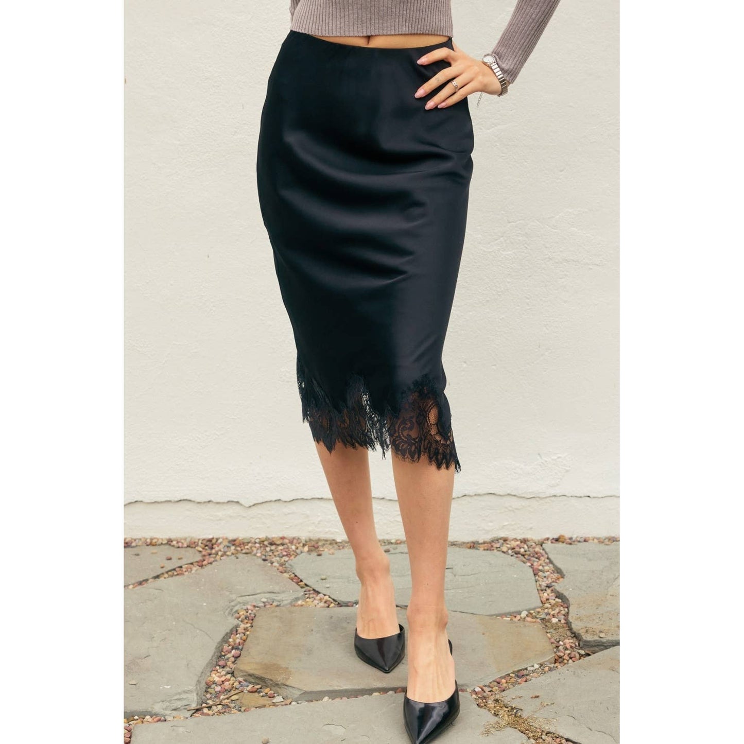 Black Satin Lace Skirt