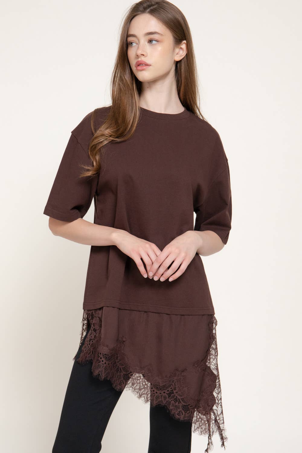 Short Sleeve Asymmetrical Hem with Tonal Lace Knit Top