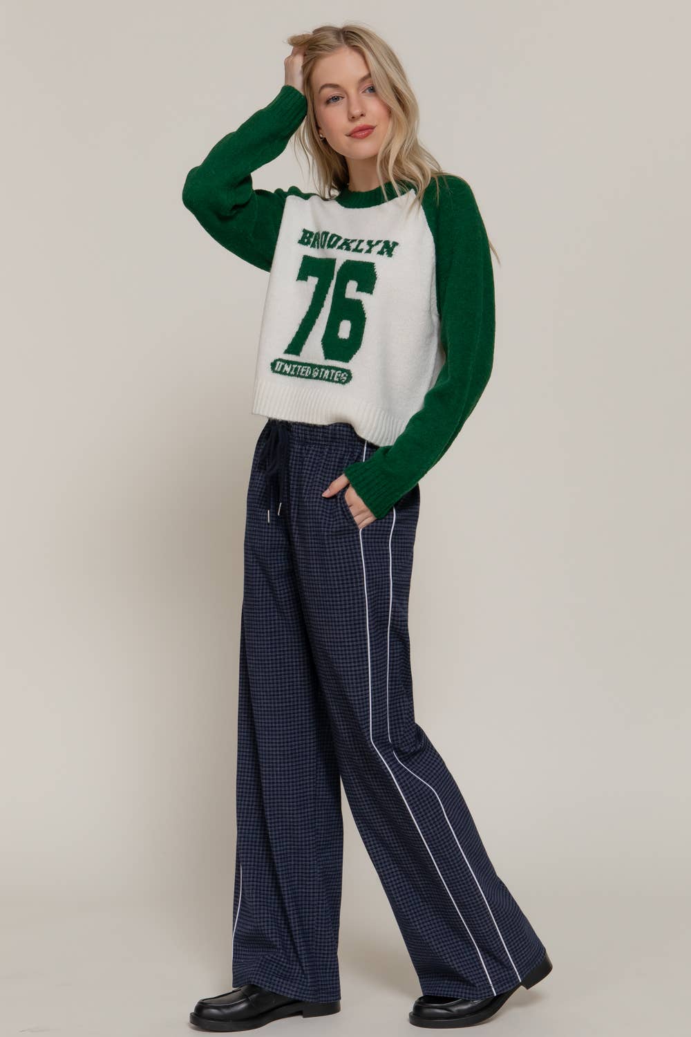 Waist Band with String Check Woven Long Pants