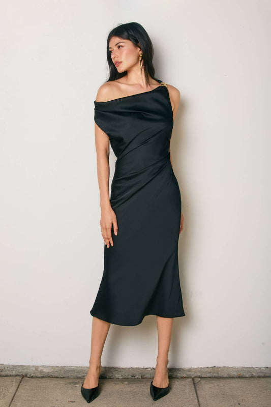 Satin Off The Shoulder Midi Dress