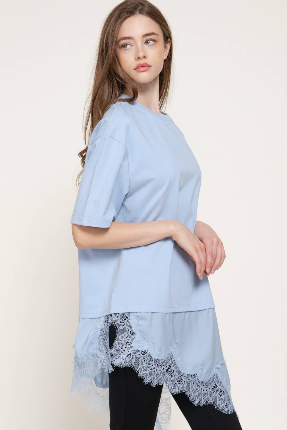 Short Sleeve Asymmetrical Hem with Tonal Lace Knit Top