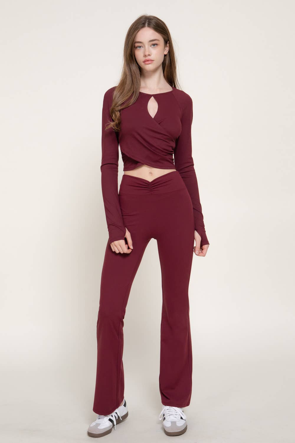 Long Sleeve Keyhole Shirring Workout Top