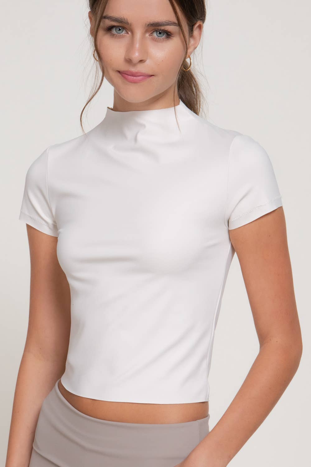 Short Sleeve High Neck Workout Top with Raw-Cut Edges