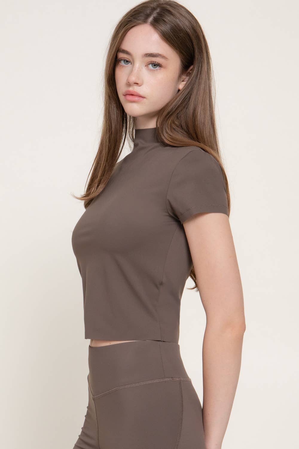 Short Sleeve High Neck Workout Top with Raw-Cut Edges