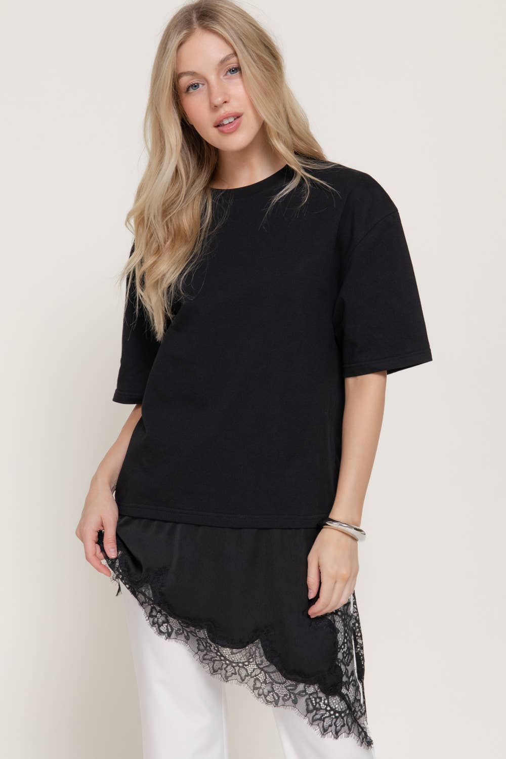 Short Sleeve Asymmetrical Hem with Tonal Lace Knit Top