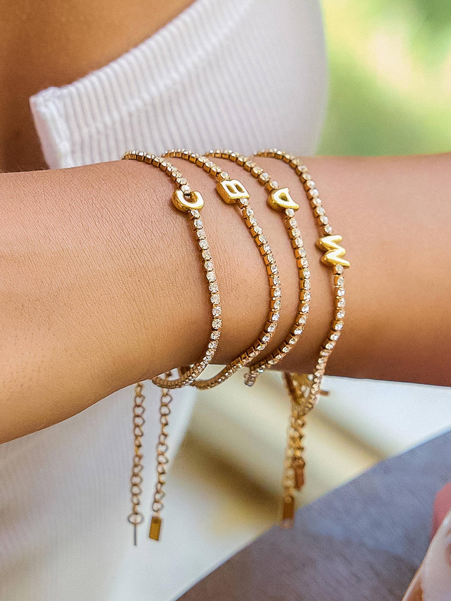 Initial 18K Gold Non-Tarnish Rhinestone Bracelet