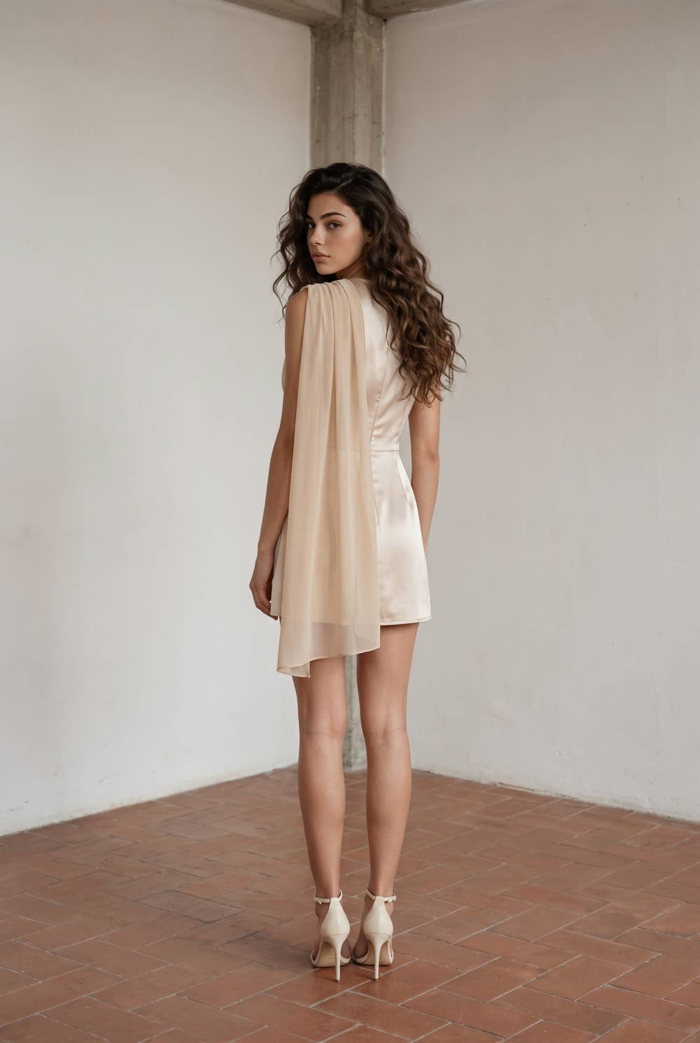 Asymmetric Drape Mini Dress with Chiffon Overlay