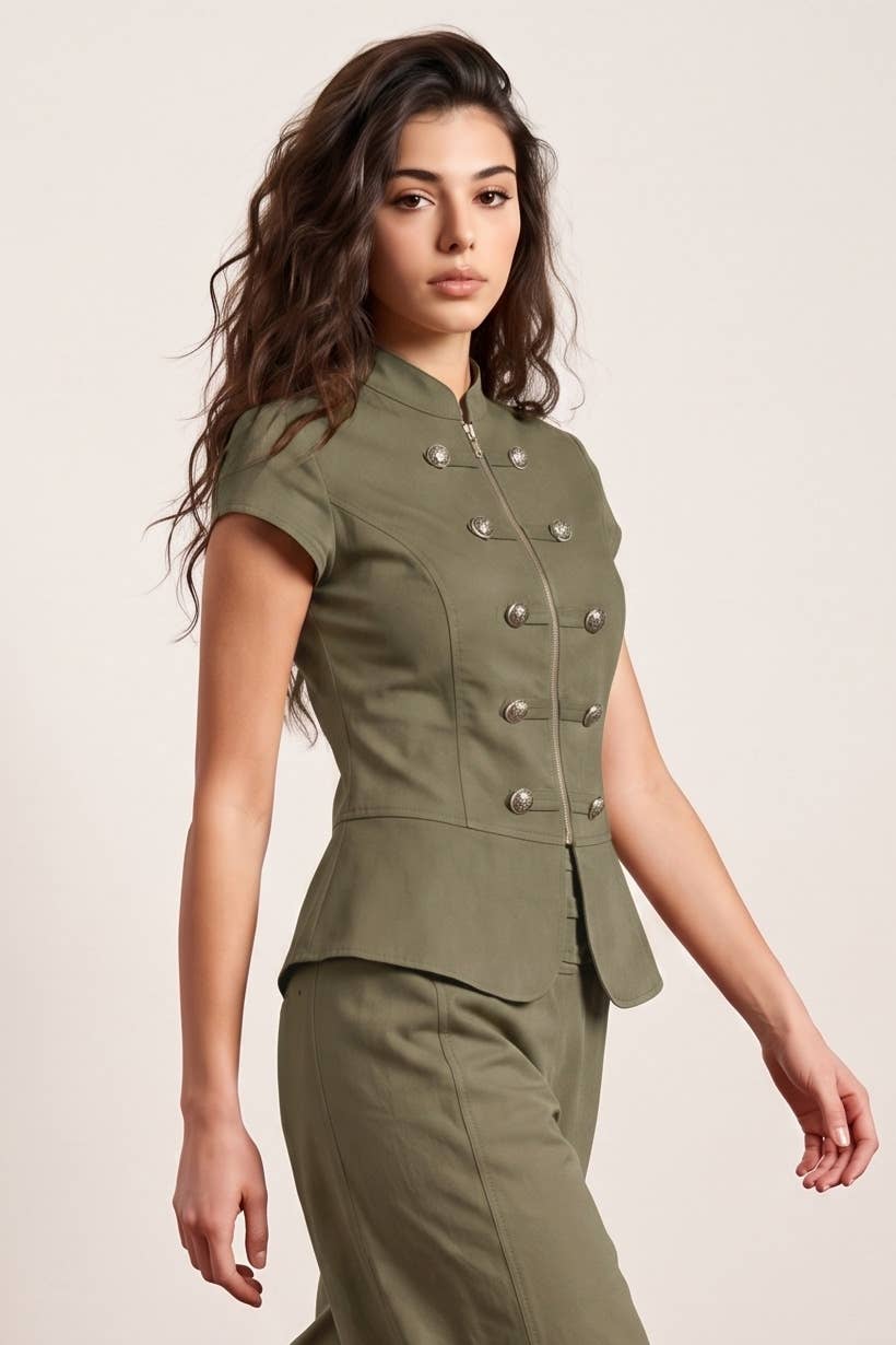 SHORT SLEEVE ZIP-UP BUTTON DETAILED STRETCH TWILL  TOP