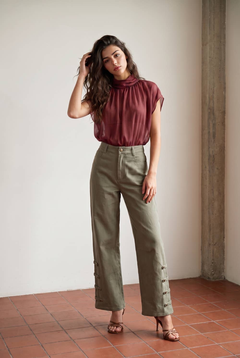 SHEER RUCHED TURTLENECK WOVEN BODYSUIT