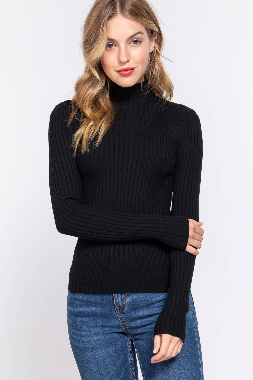 Long Sleeve High-Neck Fitted Sweater