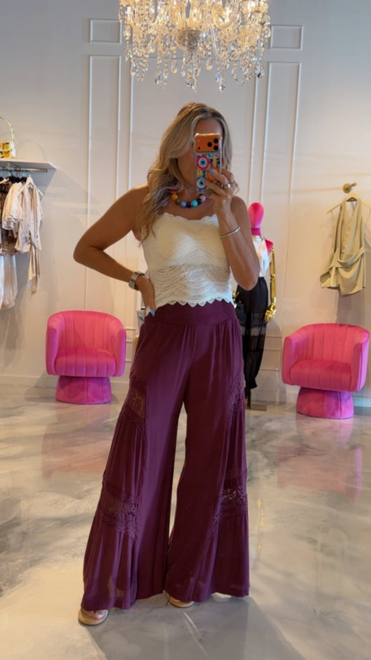 Wide Leg Lace Wine Pants