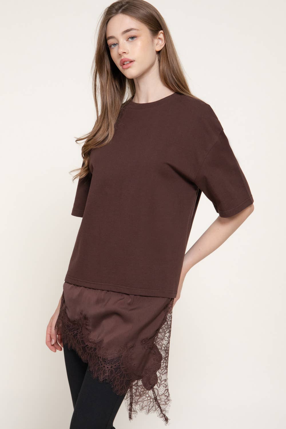 Short Sleeve Asymmetrical Hem with Tonal Lace Knit Top