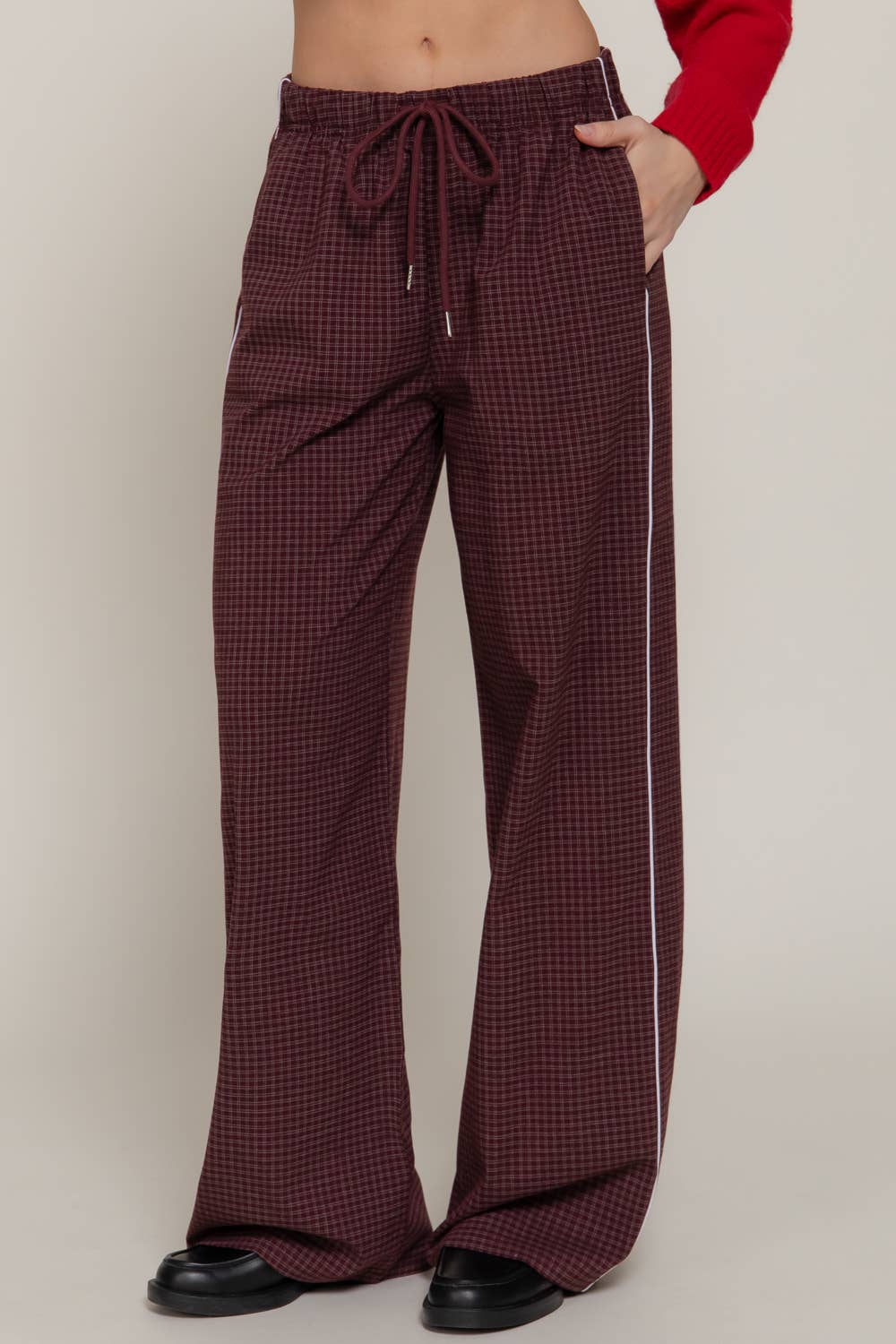 Waist Band with String Check Woven Long Pants