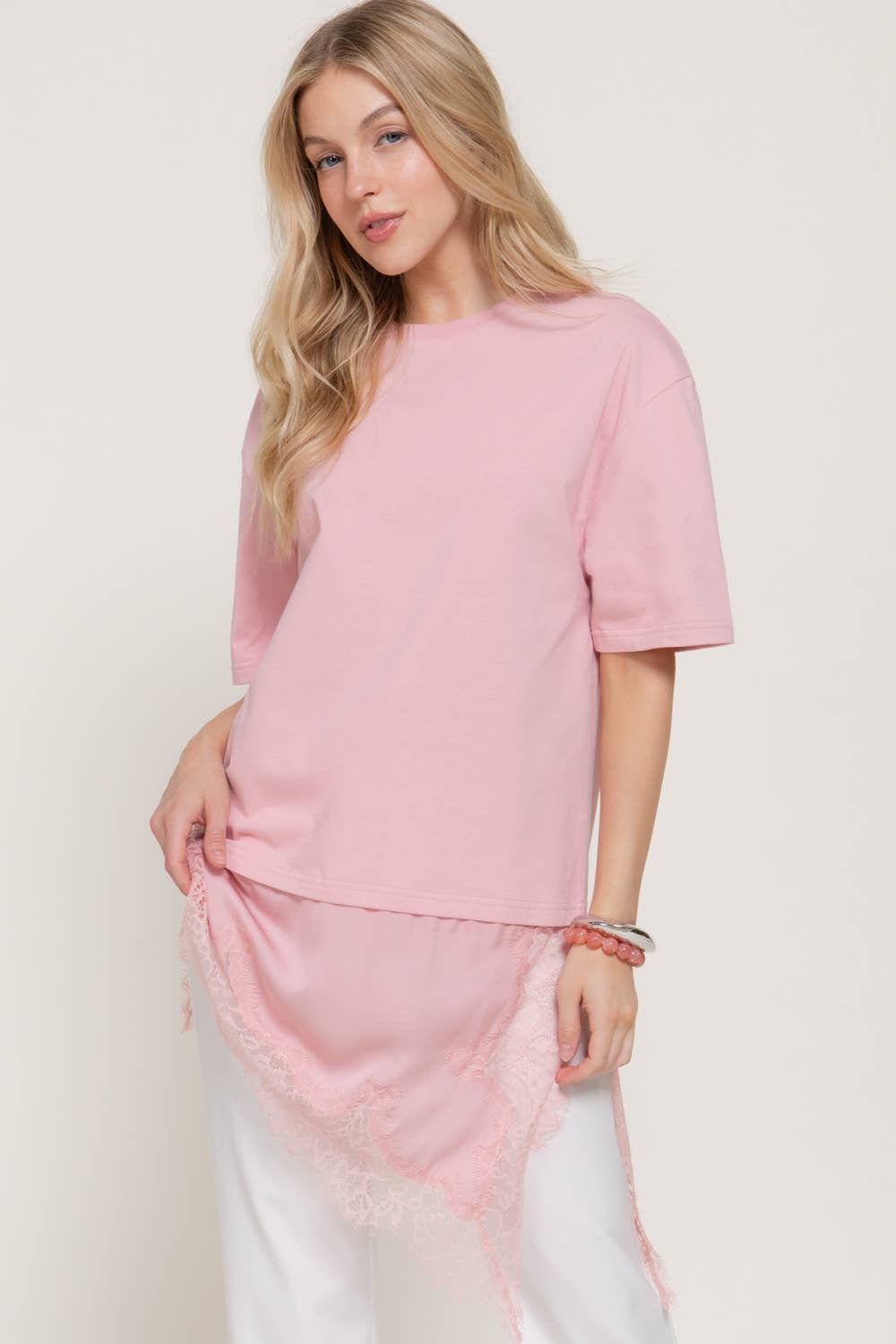Short Sleeve Asymmetrical Hem with Tonal Lace Knit Top