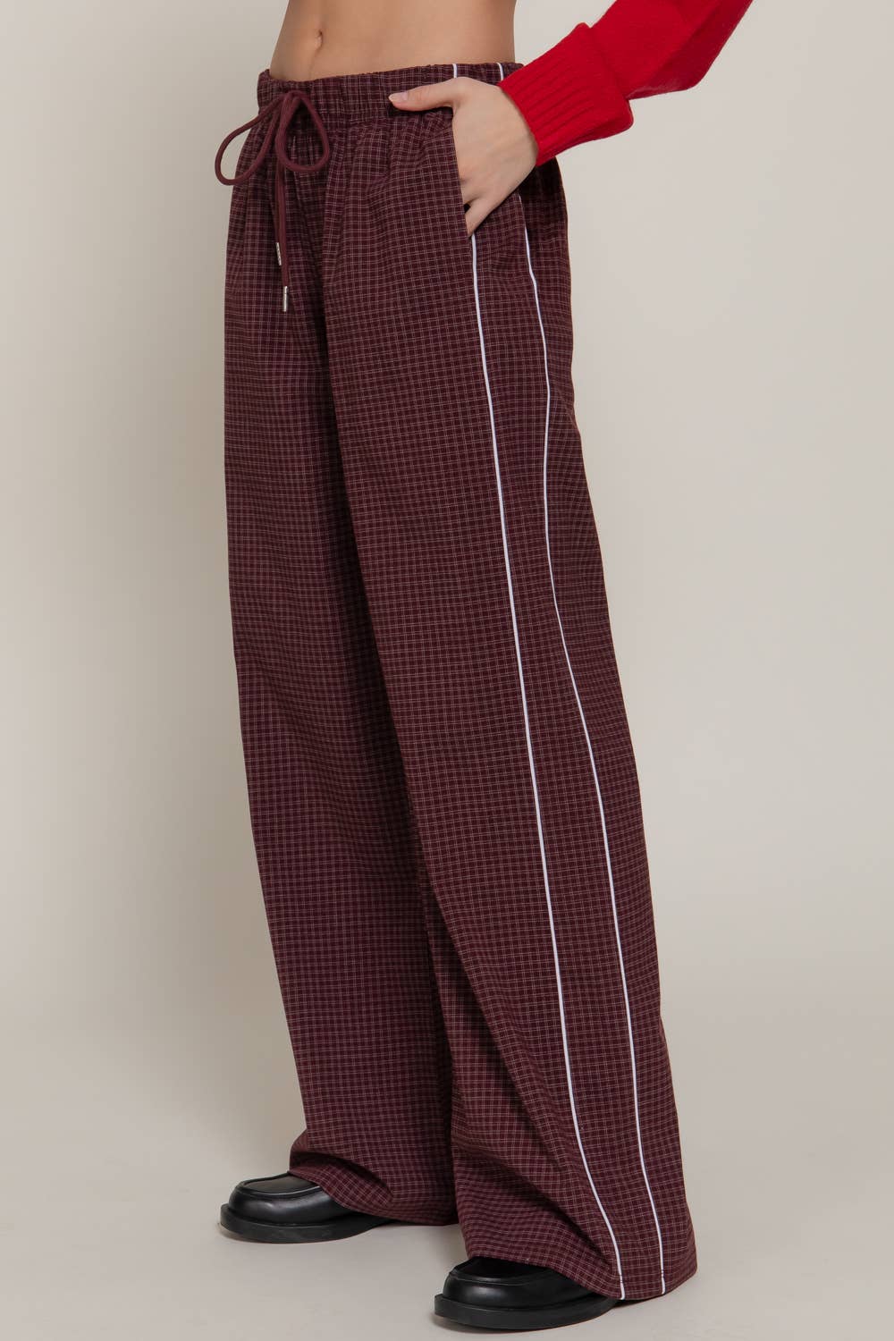 Waist Band with String Check Woven Long Pants