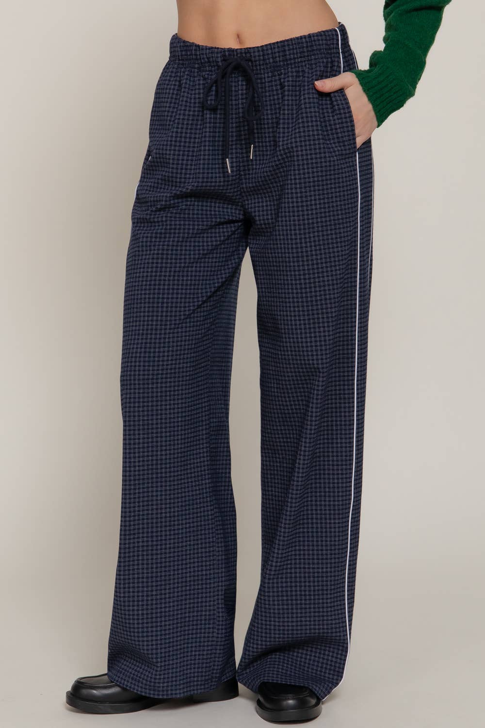 Waist Band with String Check Woven Long Pants