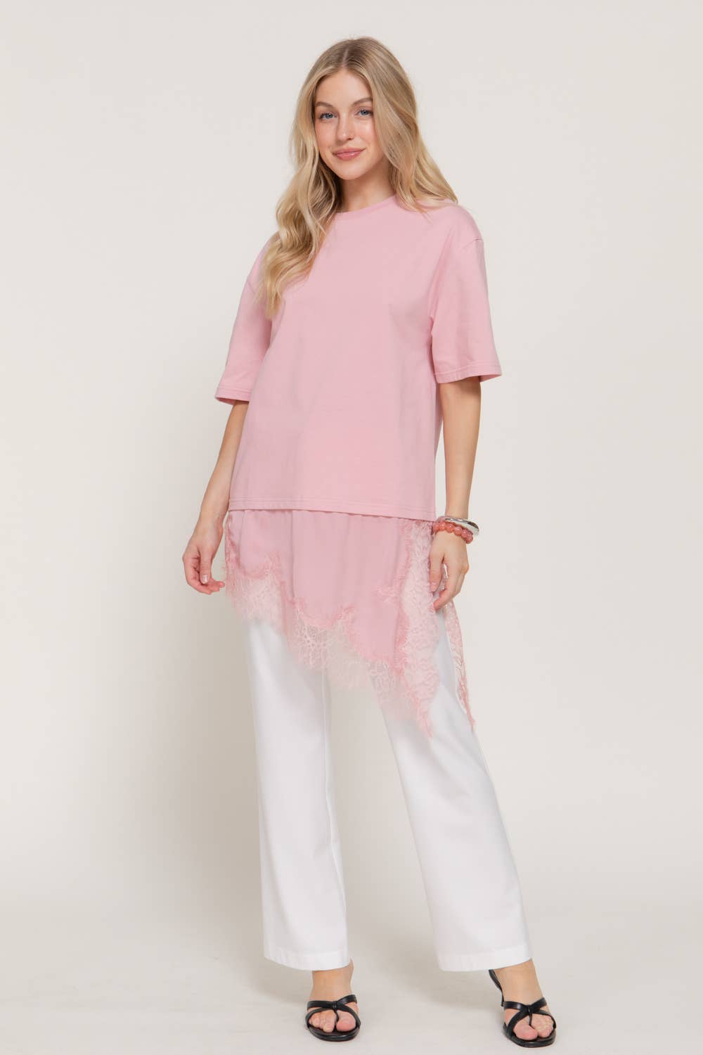 Short Sleeve Asymmetrical Hem with Tonal Lace Knit Top
