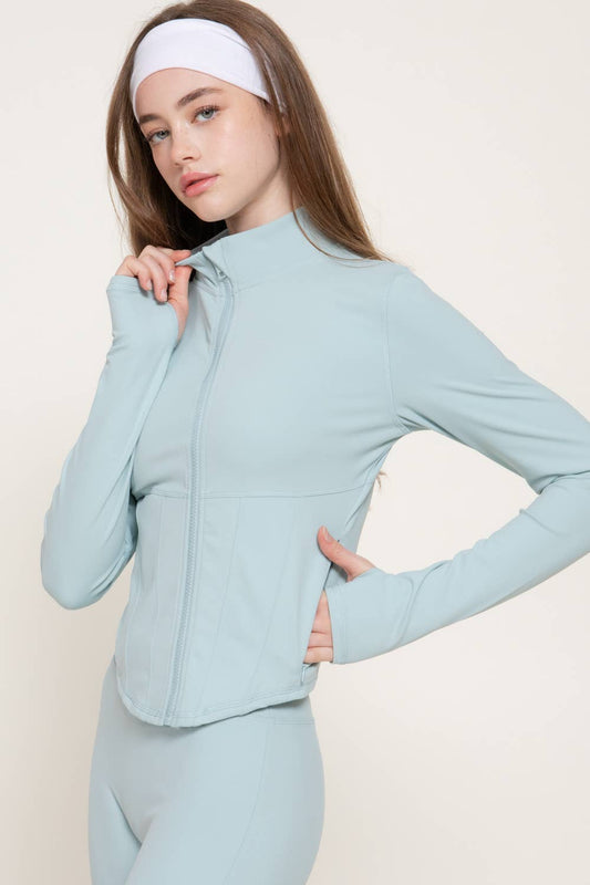 Long Sleeve Mock Neck Corset Workout Jacket with Thumb Holes