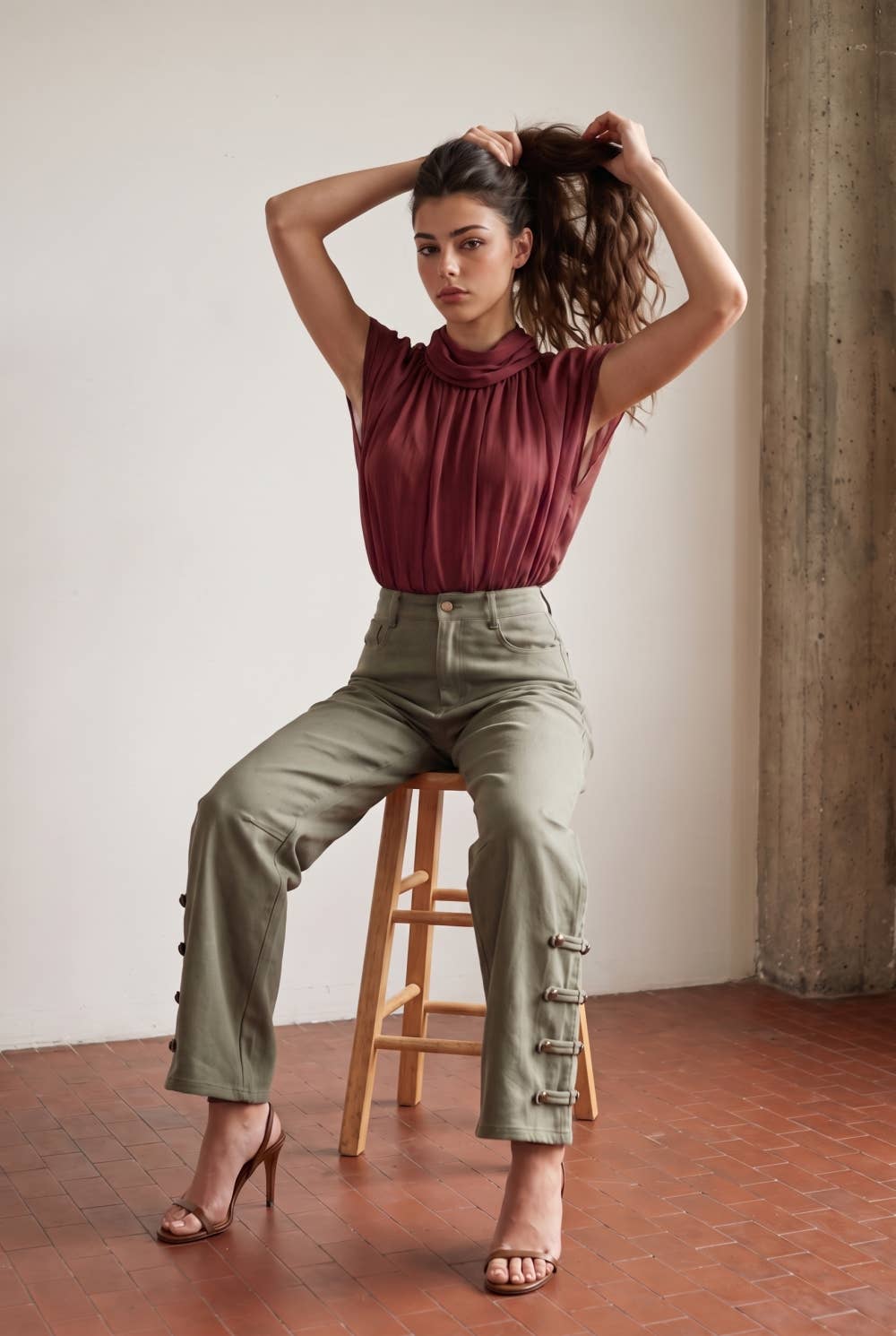 SHEER RUCHED TURTLENECK WOVEN BODYSUIT