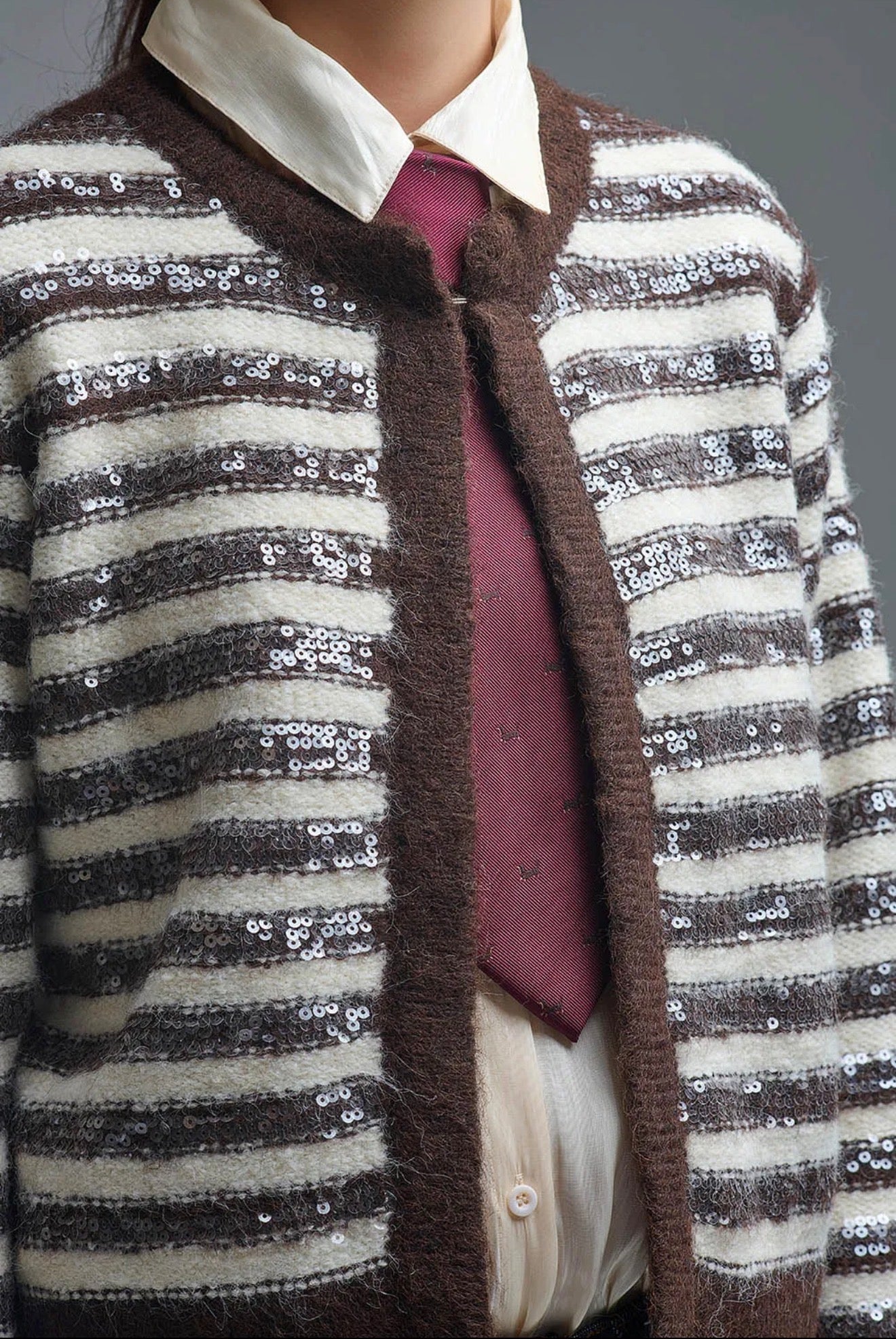 Striped Sequence Brown Cardigan