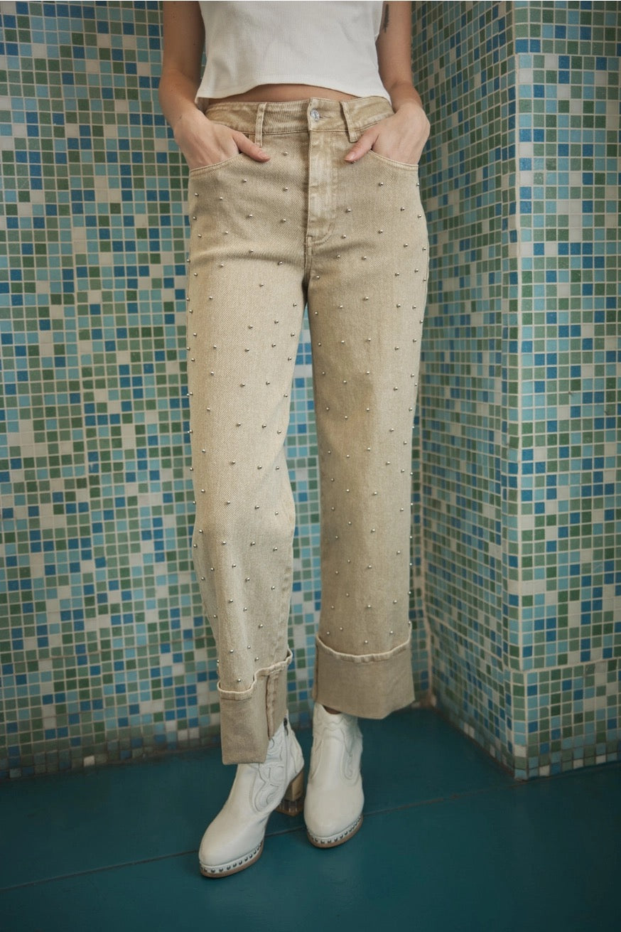 Camel Studded Cuff Denim Pants