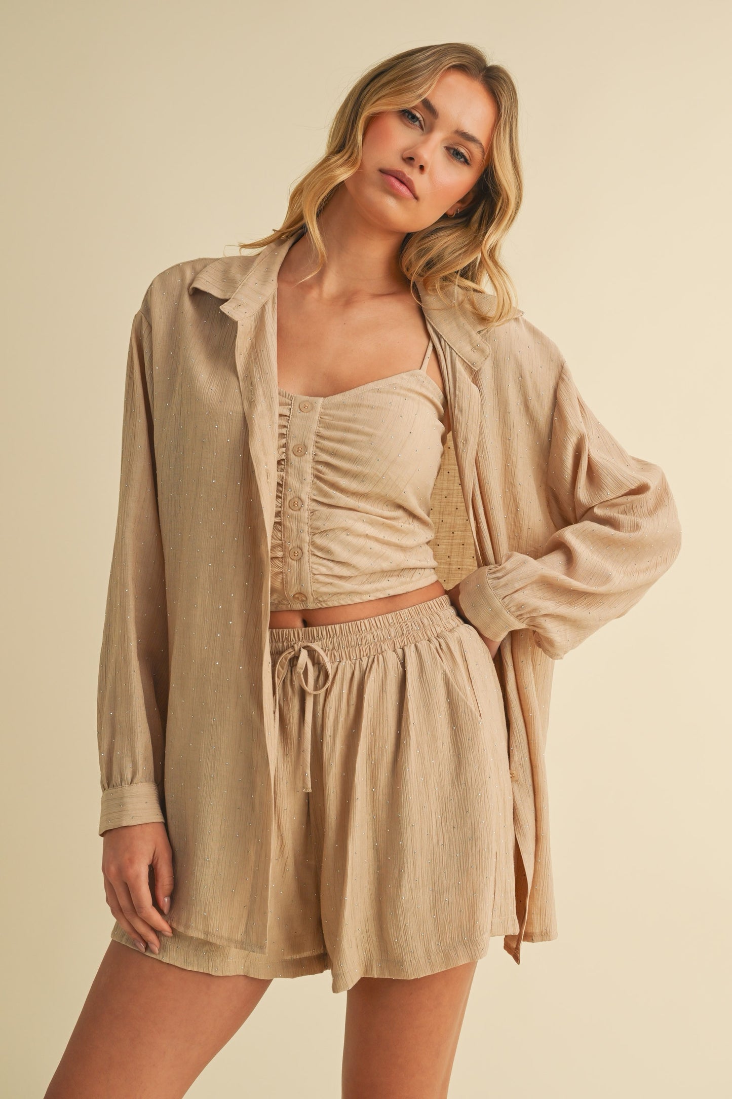 Khaki Rhinestones Short Set