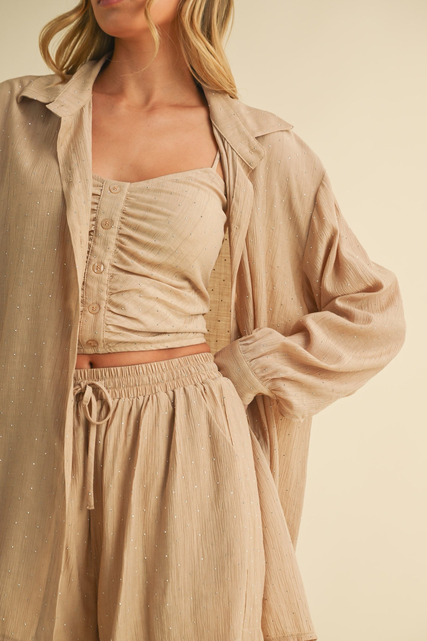 Khaki Rhinestones Short Set