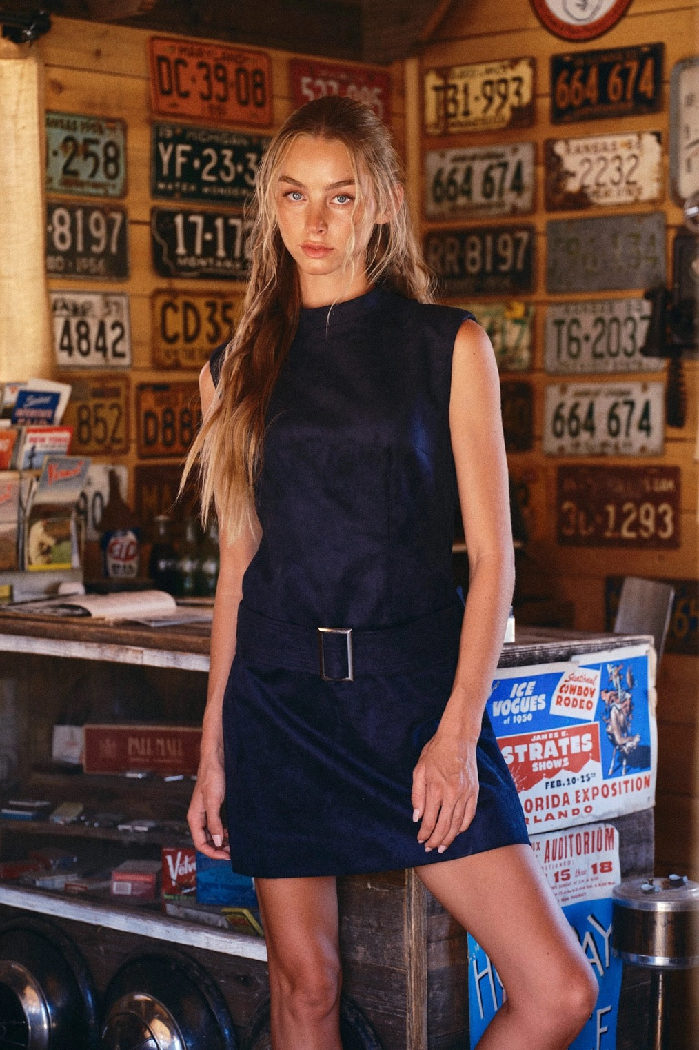 Blue Suede Belted Dress
