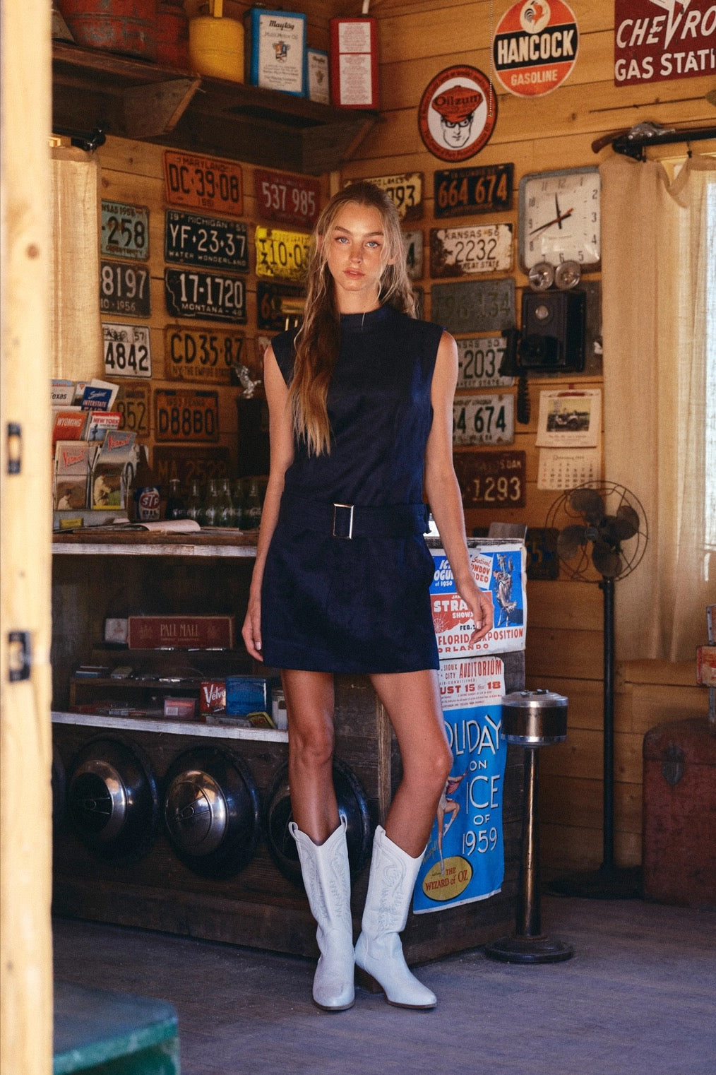 Blue Suede Belted Dress