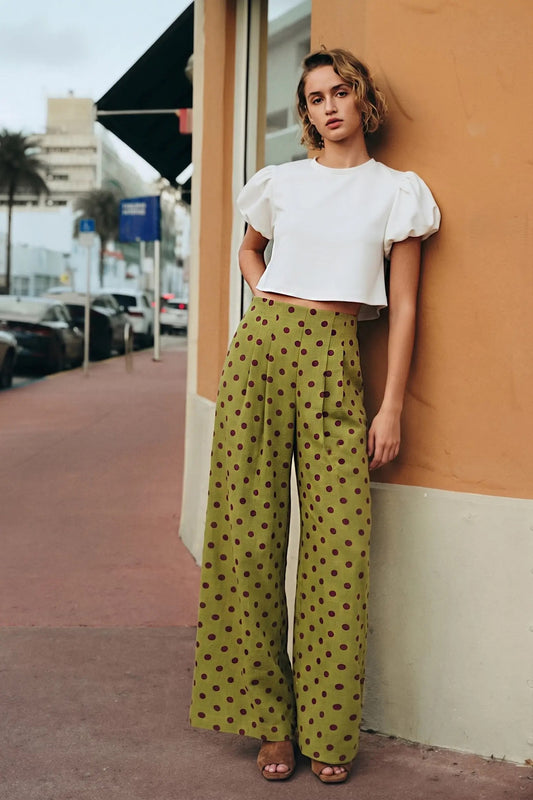 Olive Polka Dot Wide Leg Pants