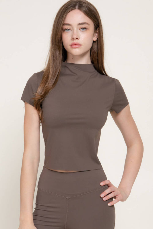 Short Sleeve High Neck Workout Top with Raw-Cut Edges