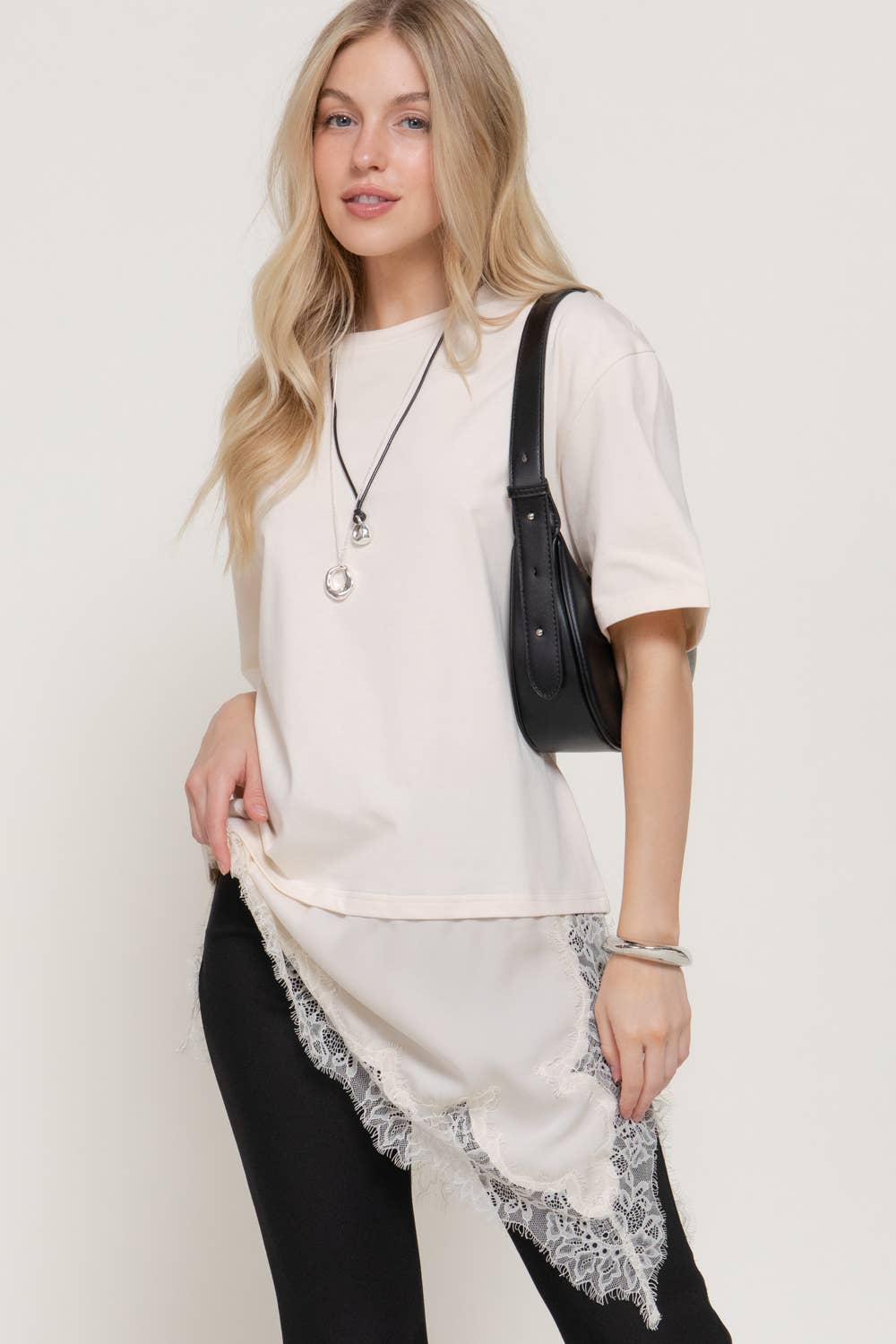 Short Sleeve Asymmetrical Hem with Tonal Lace Knit Top