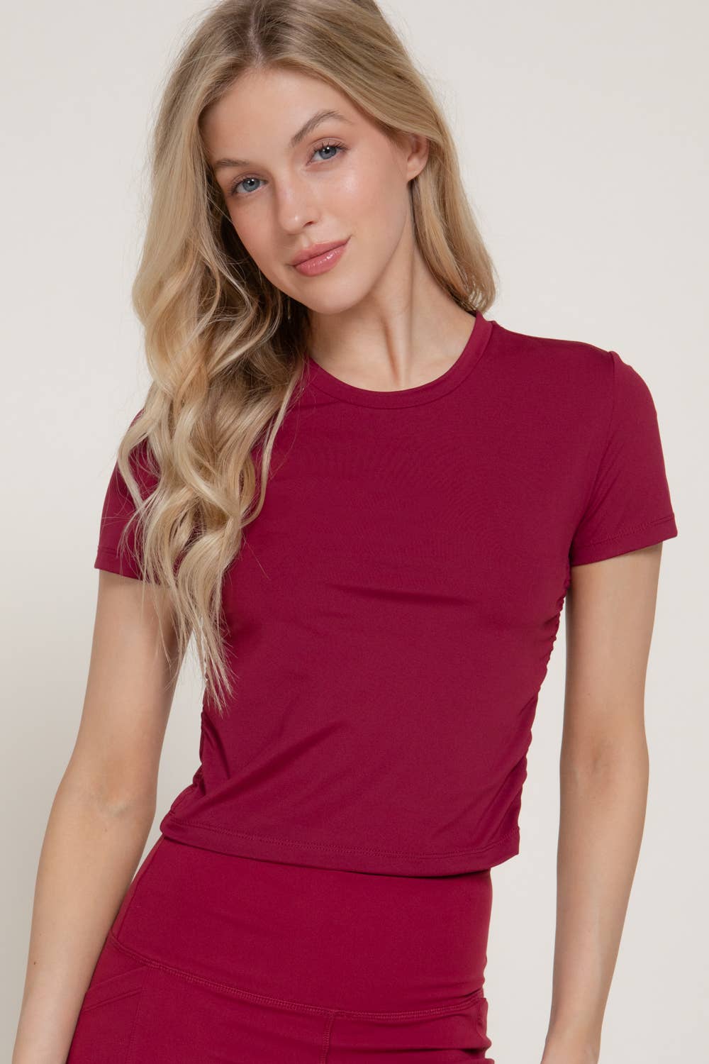 Short Sleeve Crew Neck Side Ruched Activewear Top