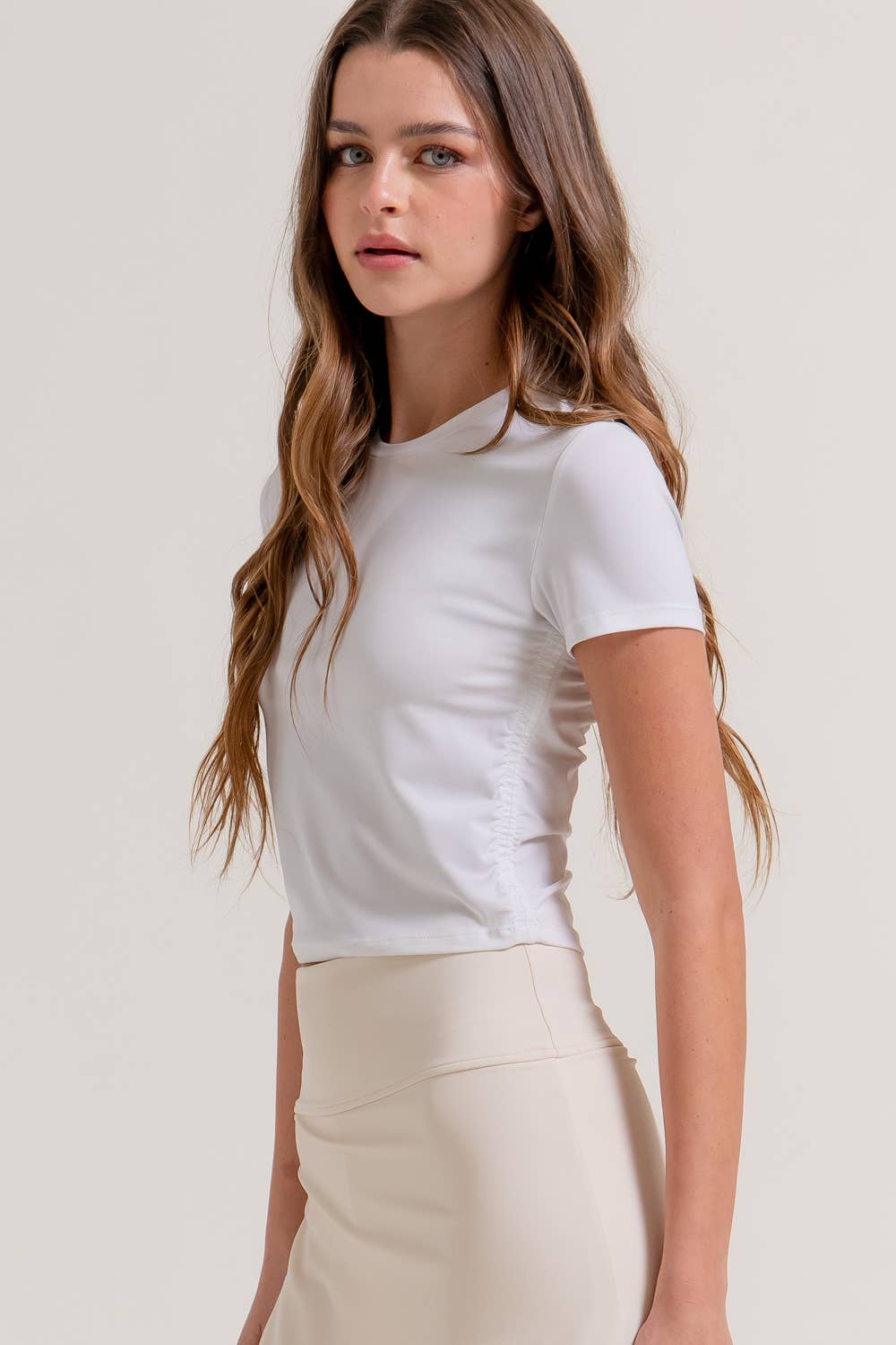 Short Sleeve Crew Neck Side Ruched Activewear Top