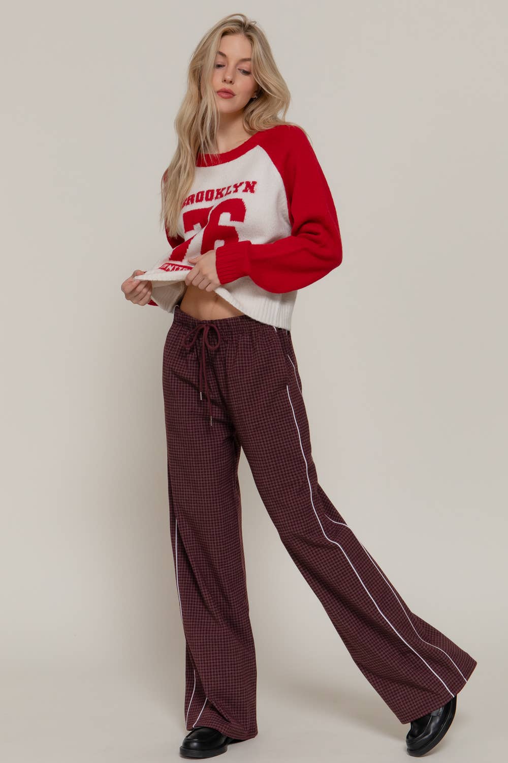 Waist Band with String Check Woven Long Pants