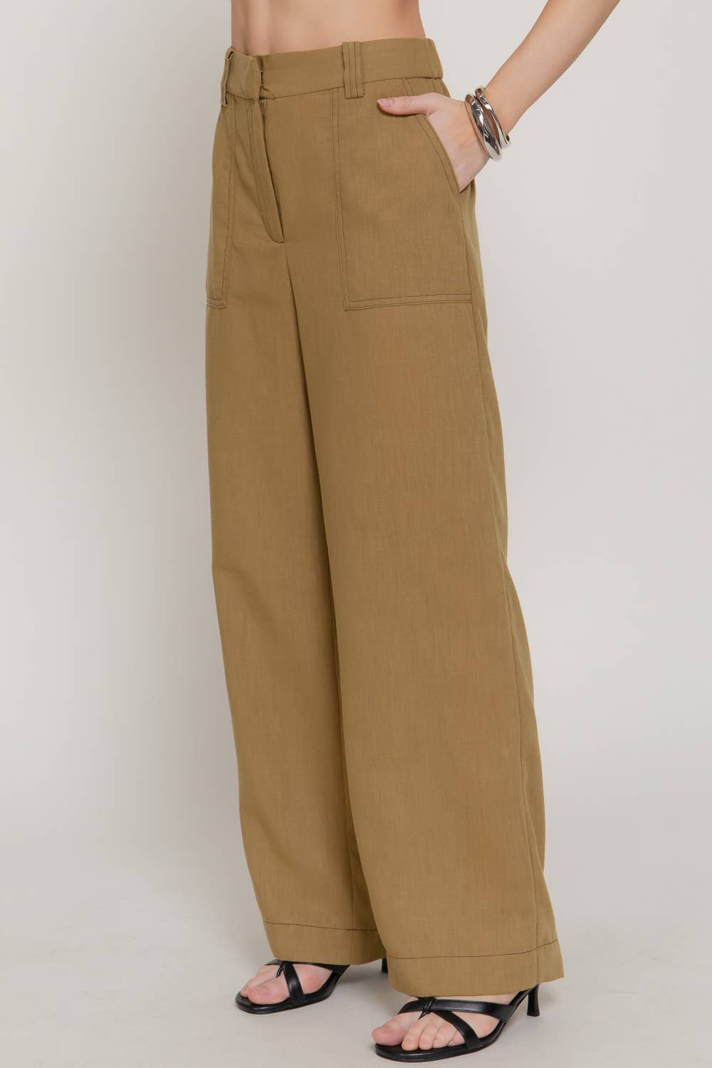 Straight Leg Linen Effect Long Pants