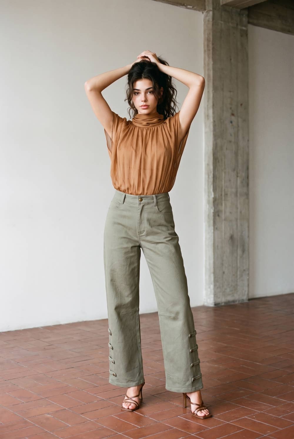 SHEER RUCHED TURTLENECK WOVEN BODYSUIT