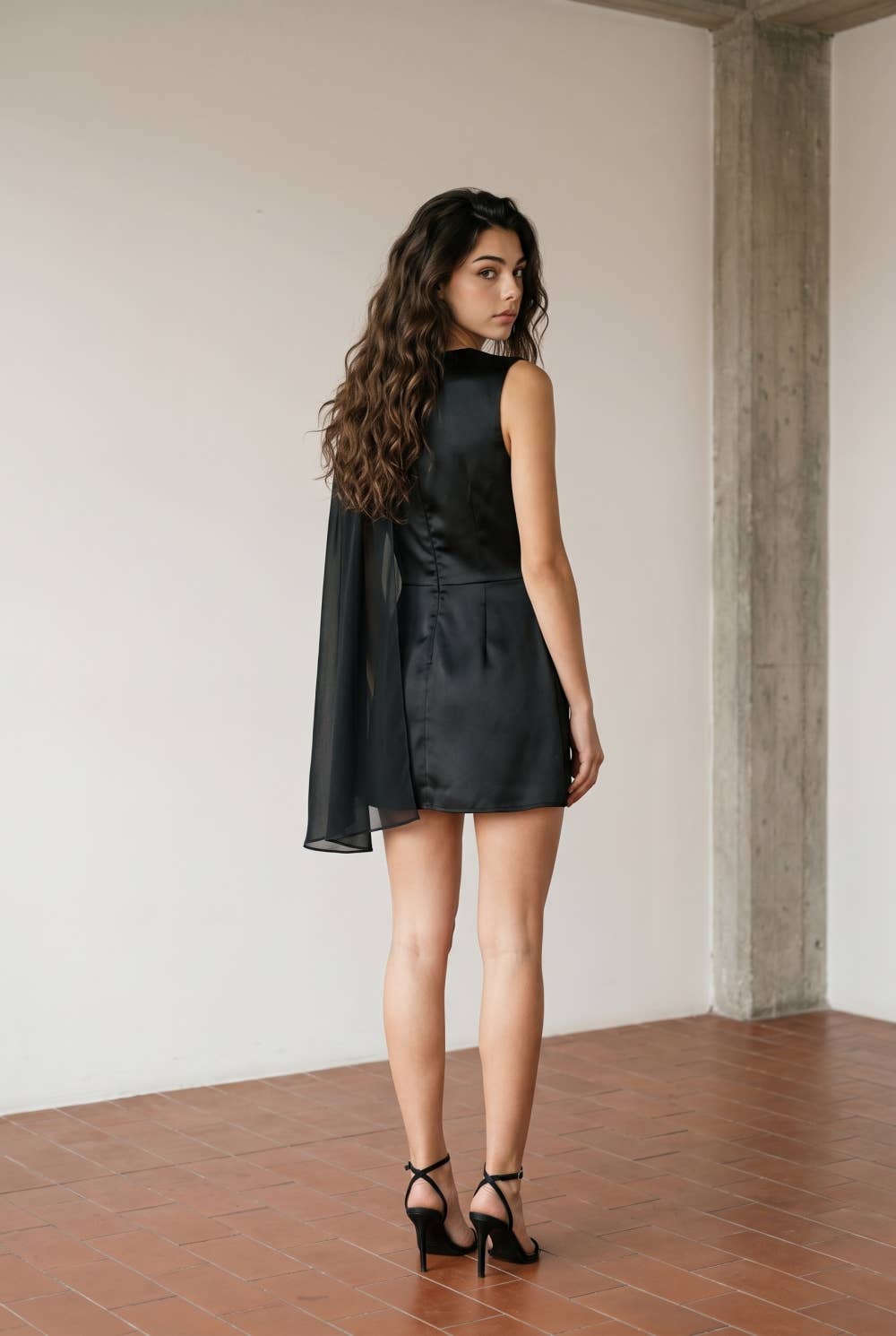 Asymmetric Drape Mini Dress with Chiffon Overlay