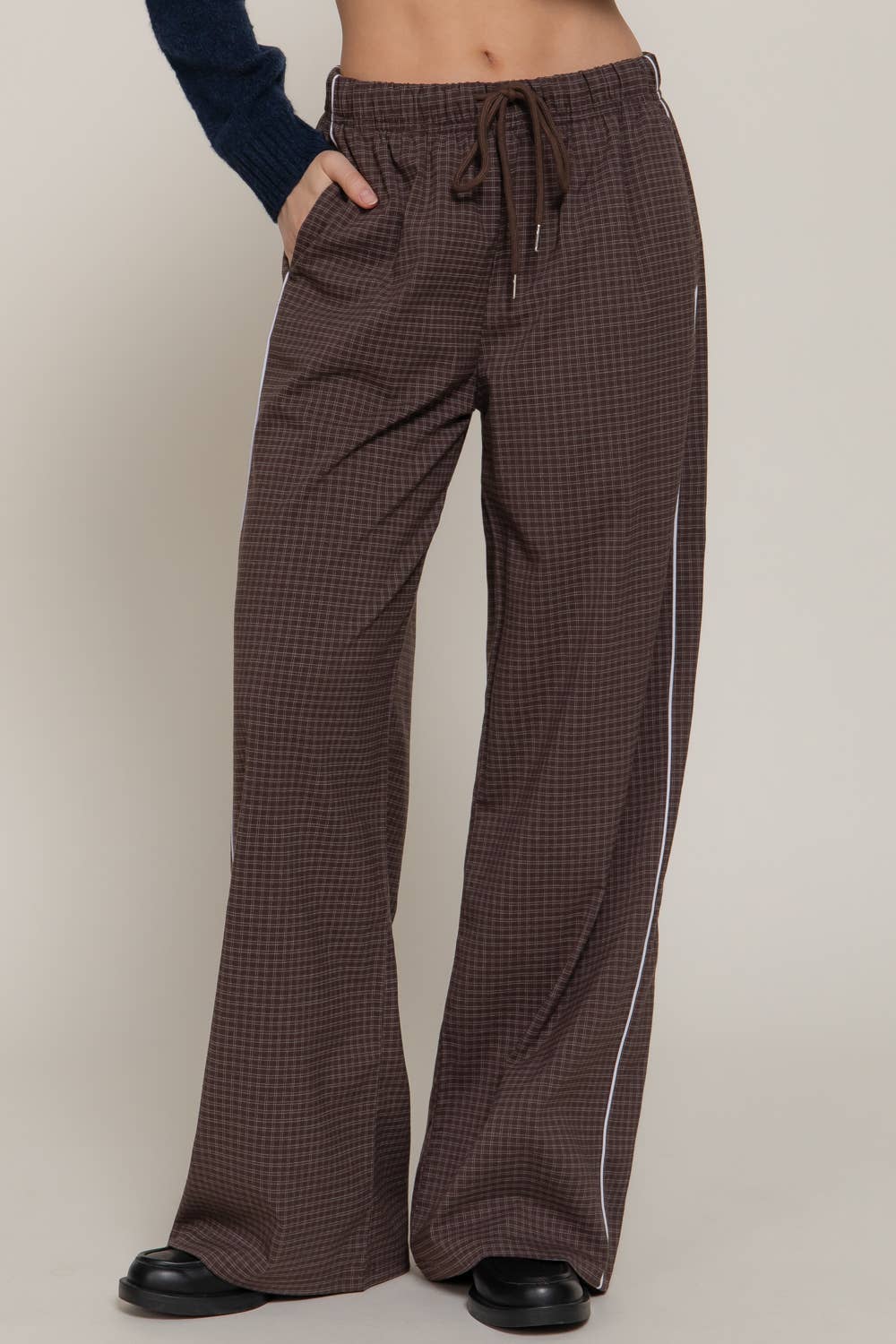 Waist Band with String Check Woven Long Pants