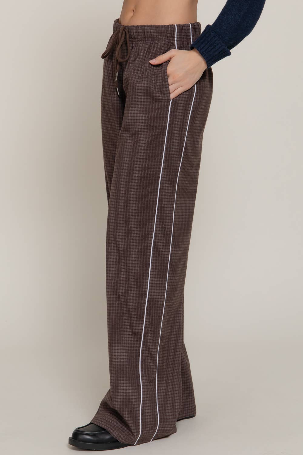 Waist Band with String Check Woven Long Pants